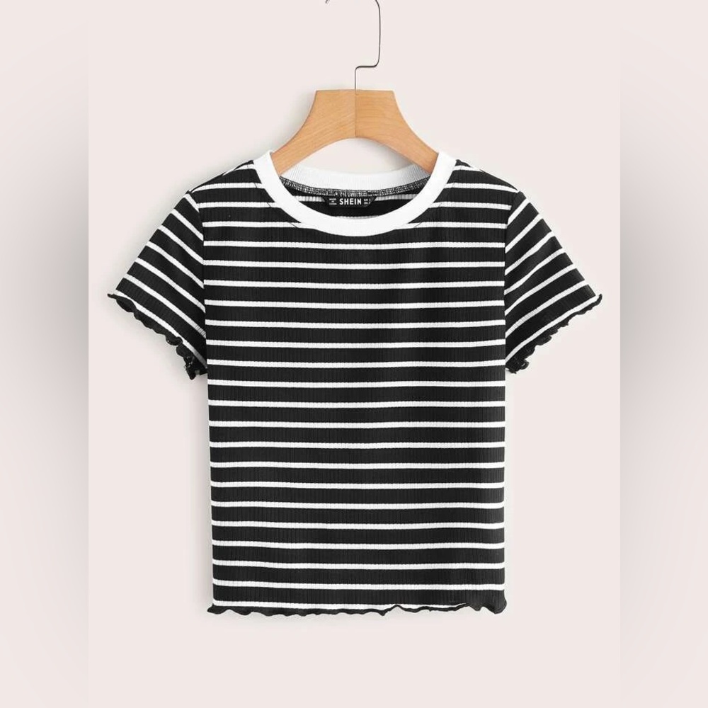 🌴Women’s SHEIN EZwear Lettuce Edge Ribbed Crop Top Tee Shirt